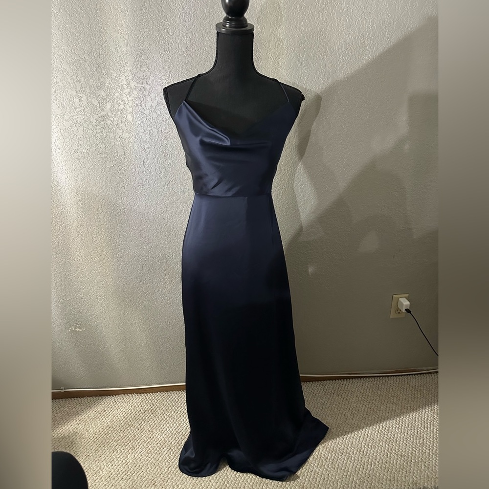 Dessy collection long formal/prom dress. Satin drape neck.